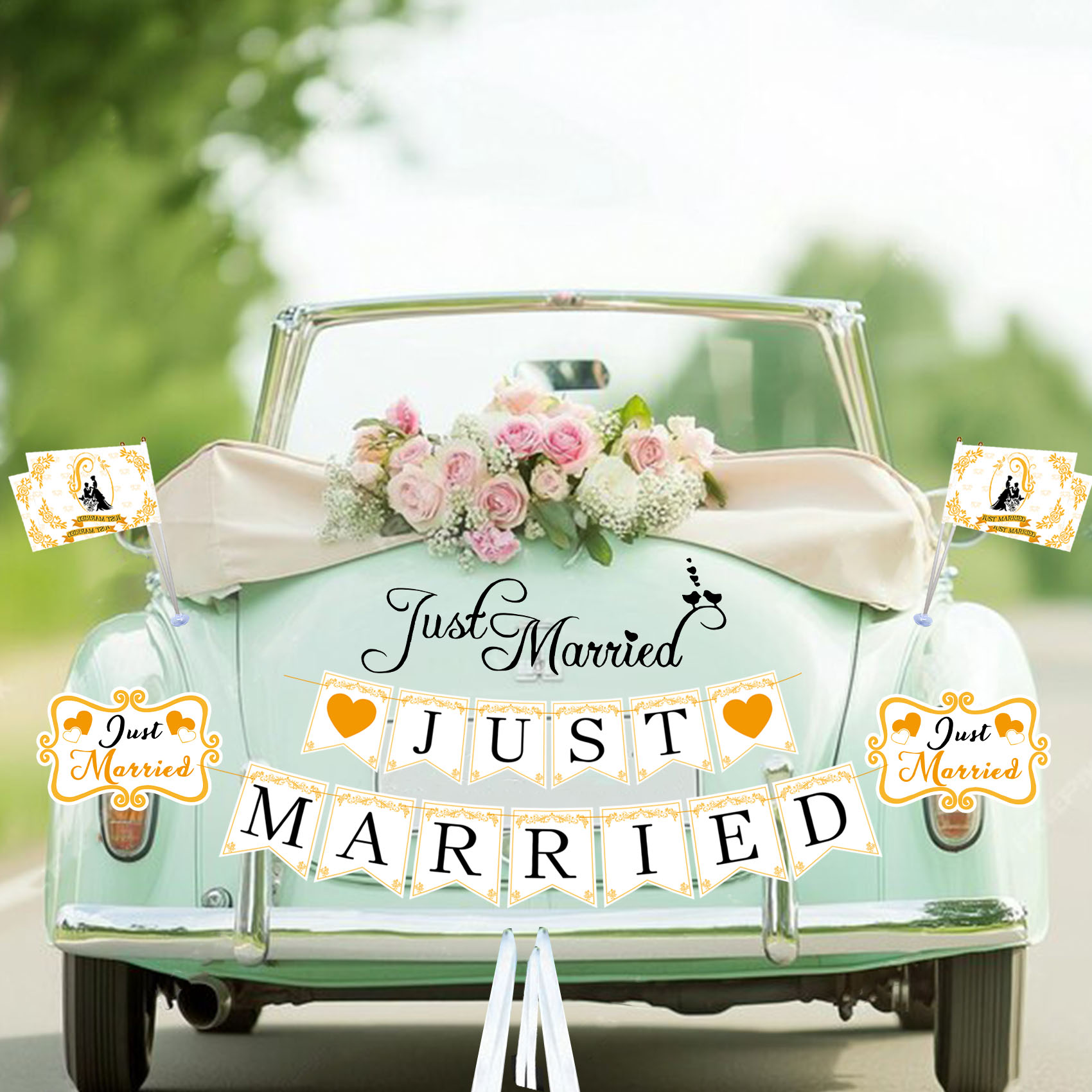 Wenskaart Bruiloft Teckel 'Just married' (Renault 4) - Mevrouw Emmer