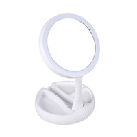 Miroir cosmétique double rond de bureau, finition argentée, en plastique, grossissement 10X, pliable, éclairé, avec rangement pour maquillage
