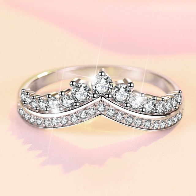ZHIMEI JZ0046 S925 Sterling Silver Princess Crown Ring Women V-Shape Chevron Wishbone Stackable Diamond Jewelry Gift
