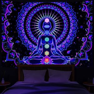 Tapisserie murale personnalisée réactive aux UV (lumière noire) pour yoga, méditation, zen, style <span class=keywords><strong>hippie</strong></span>, mandala, bohème, spirituel, bannière suspendue - Product Image 1