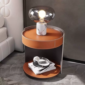 Luxury Leather Nightstand Modern Italian High-end Bedroom Movable <strong>Circular</strong> Storage Nightstand <strong>Bedside</strong> <strong>Table</strong> - Product Image 2