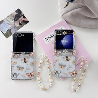 Coque de téléphone transparente vintage à motif écossais, papillon, abeille et floral pour Galaxy Z Flip 8-3 avec sangle à perles mélangées, housse de protection pliable