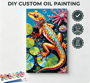 Peinture à l'huile numérique Songwoo Vivid Multicolor Gecko avec feuilles de lotus et bulles de corail, <span class=keywords><strong>art</strong></span> <span class=keywords><strong>pop</strong></span> naturelle tropicale, kit de peinture par numéros - Product Image 1