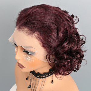 <span class=keywords><strong>Parrucca</strong></span> Bob Pixie Cut Ricci Corti 13x4 99j Bordeaux Rosa con Pizzo Frontale, Capelli Umani Brasiliani Remy per Donne Nere - Product Image 2