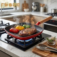 Nouveauté 2026 : Batteries de cuisine en fonte émaillée personnalisées en usine, plus légères, avec poêles grill, planchas et poêles à frire, ustensiles de cuisine à manche en bois