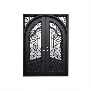 Porte en acier forgé européen rétro à double entrée avec vitrage pour cour de villa, taille personnalisée - Product Image 1