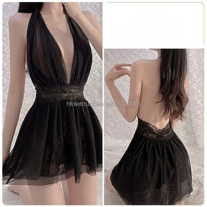 Large Size Sexy Femme Passion Backless Halter Sleep <b>Skirt</b> Underwear Dress Transparent Lingerie With Thong - Product Image 2