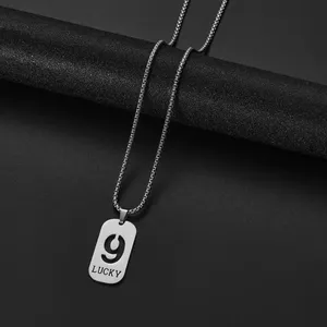 1 Stück Vintage Bambus Edelstahl Engelszahl-Halskette 0-9 Rechteckiger Anhänger für Männer und Frauen Ausgehöhlte Glückszahlen-Choker-Schmuckstücke - Product Image 5