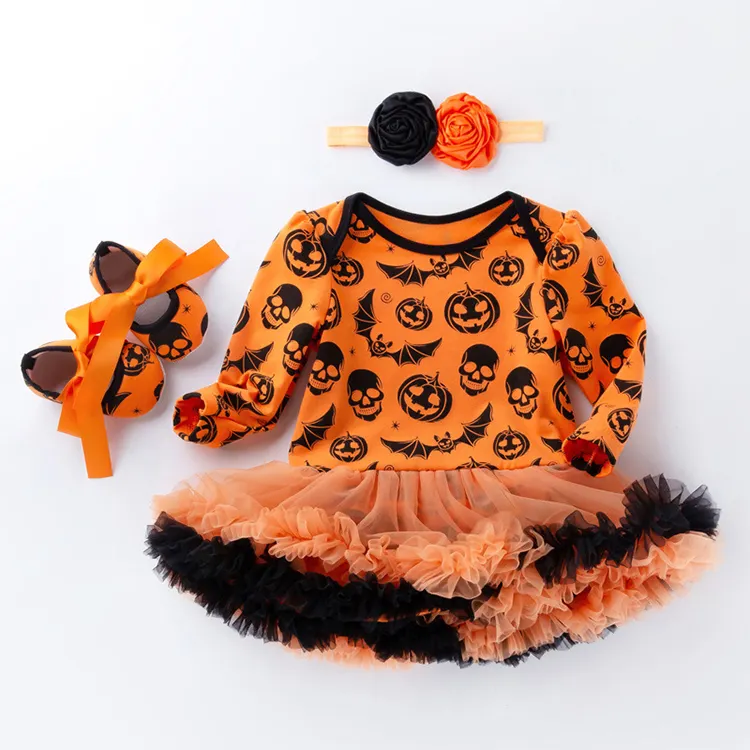 Baby girl Halloween costume cartoon pumpkin long sleeve dress for children
