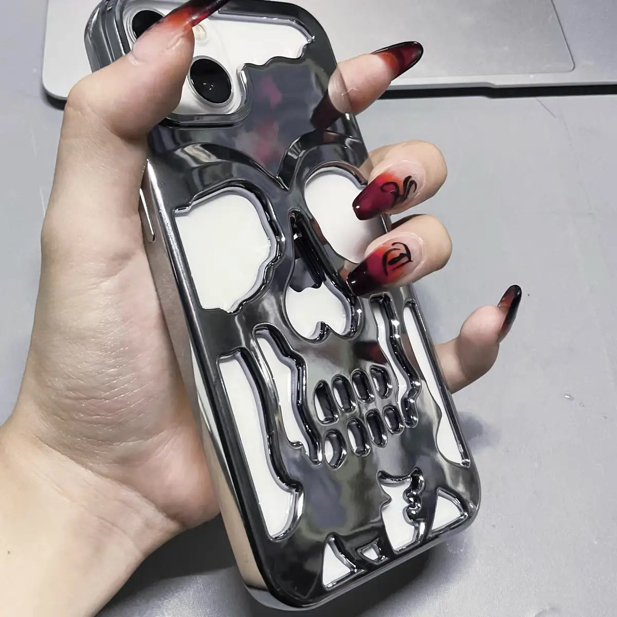 Creative Dark purple skeleton skull plating iPhone 14Promax case soft rubber protective sleeve 14plus far peak blue 13 men case