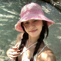 Topi Pantai Lipat Lebar Model Musim Panas Rajutan Jerami Kustom Grosir Landfond untuk Wanita