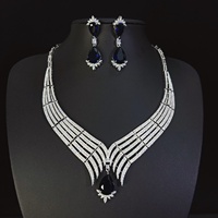 Parure Collier et Boucles d'Oreilles Goutte d'Eau en Cuivre Bleu Océan avec Zircon Plaqué Platine, Style Européen et Américain Haut de Gamme, Idéale pour Mariage et Fêtes