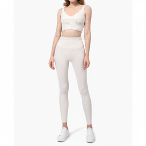Ropa deportiva atlética sólida de alta elasticidad, conjunto de gimnasio de Yoga sin costuras, mallas ajustadas, conjunto de Yoga de dos piezas para mujer con cintura elástica - Product Image 1