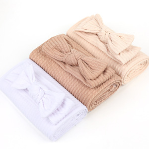 Waffle Knit <strong>Baby</strong> Swaddle Set t with Matching Hat &amp; <strong>Headband</strong>, Lightweight Breathable Newborn Swaddling Blanket Gift Set - Product Image 2