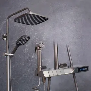 Nuovo bagno intelligente in ottone 4 funzioni led pistola termostatica intelligente grigio pieno rame doccia per pianoforte set miscelatore in ottone