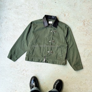 Veste de travail en toile de canard pour homme, personnalisée en usine, avec col en cuir et fermoir mousqueton, pour pompiers, vêtement de travail vert - Product Image 1