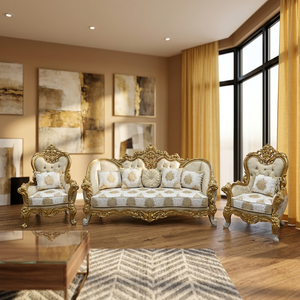 Ensemble de canapés 5 places convertible en teck massif, artisanal, avec mousse, finition or antique, mobilier de luxe pour salon d'appartement - Product Image 3