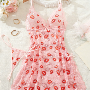 Pijamas de Estilo Novo e Sofisticado com Lábios Vermelhos Sexy e Alças com Babados, Roupas de Dormir Atraentes e Sedutoras - Product Image 4