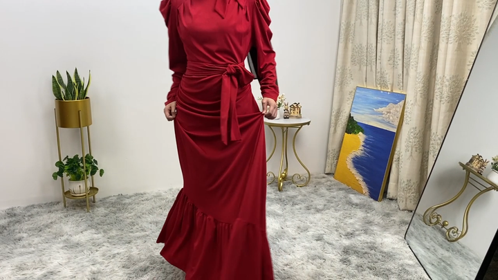 6276# Fashion Elegant Lace up Neckline Slanted Bottom Pleated Evening Party  Dress Muslim Popular Design