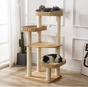 Luxe eco-vriendelijke moderne kattenboomtoren van rotan, gevlochten hout en sisal, klimpaal, krabpaal, <span class=keywords><strong>condo</strong></span> en krabplank voor katten binnen. - Product Image 2