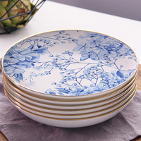 Service de Table en Porcelaine Fine Bleu et Blanc avec Motifs Floraux d'Hortensias et Papillons, Bordure Dorée, Plusieurs Tailles, Cadeau de Mariage