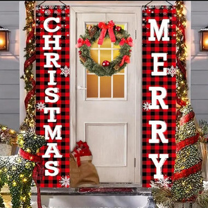 Decoraciones navideñas para patio o porche, juego de banderas con diseño a cuadros rojo y negro, pancarta personalizable para porche - Product Image 2
