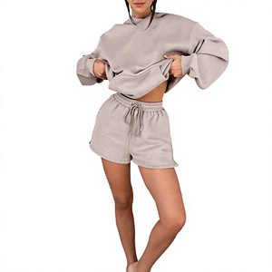 Conjunto de Sudadera con Capucha Oversize y Pantalones Cortos para Mujer, Conjunto Casual de Dos Piezas, Sudadera y Pantalones Cortos con Cordón, Conjunto de Descanso de Mezcla de Algodón Suave - Product Image 1