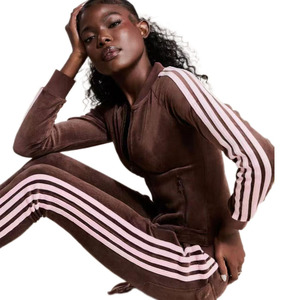 KY <strong>Women's</strong> <strong>Velvet</strong> Fabric Two-Piece Set Stand Collar Zipper <strong>Jacket</strong> and Pants Two-Piece Set with Striped Decoration - Product Image 4