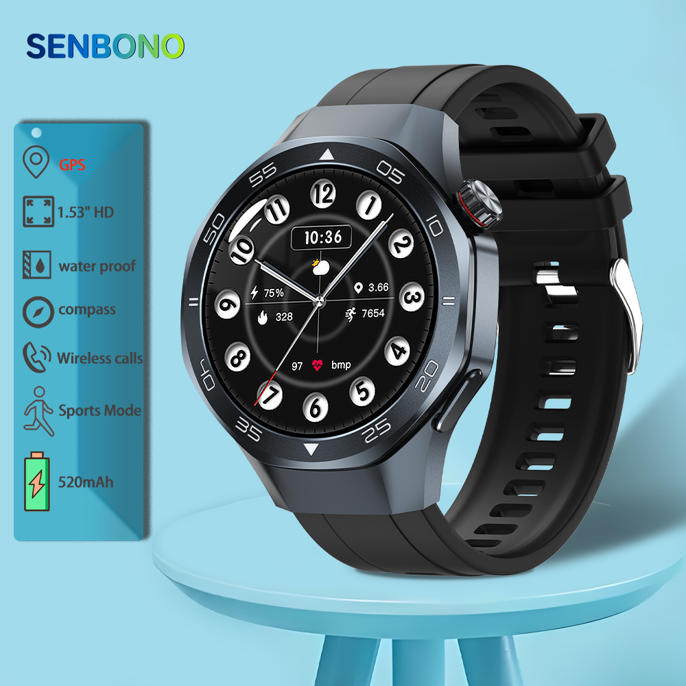 Умные часы SENBONO C10 на Android 1,53 дюймов с GPS, компасом, беспроводным вызовом, спортивным режимом, уличные умные часы для мужчин и женщин