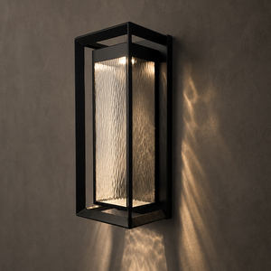 Outdoor <b>Wall</b> Sconce Rectangular Water Ripple Glass Black Iron <b>Wall</b> <b>Light</b> For House Entryway Exterior Lighting - Product Image 2