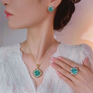 Elegance Fashion Eco-friendly Copper 16-14MM Green Zircon Gold Plated Floral Pendant <b>Earrings</b> Set Italian Jewelry Sets - Product Image 6