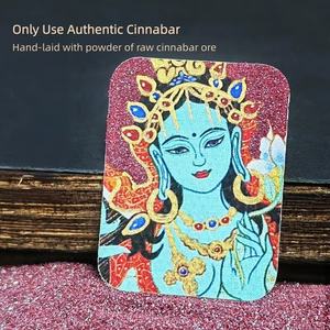 Colgante Thangka del Buda Guardián del Zodiaco - Tara Verde Zhaxi Lamu Jambhala Amarillo con Incrustaciones <span class=keywords><strong>de</strong></span> Cinabrio y Oro - Product Image 2