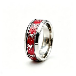 Anello Elegante in Acciaio Inossidabile da 8mm, Gioiello con Motivo a Ragno su Sfondo Rosso, Alta Qualità per Uomo e Donna - Product Image 1
