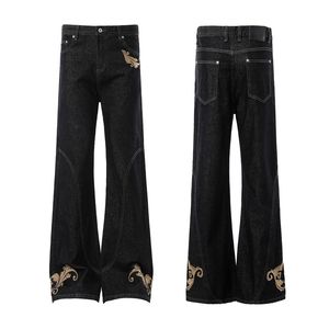 Jeans <span class=keywords><strong>Bootcut</strong></span> pour <span class=keywords><strong>Homme</strong></span> avec Broderie Dorée, Streetwear Hip Hop, Pantalon en Denim Noir Évasé - Product Image 1
