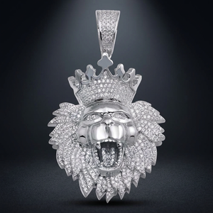 Lion Head <b>Crown</b> Pendant With Moissanite Inlay 925 <b>Silver</b> Hiphop Men's Themed Charm - Product Image 3