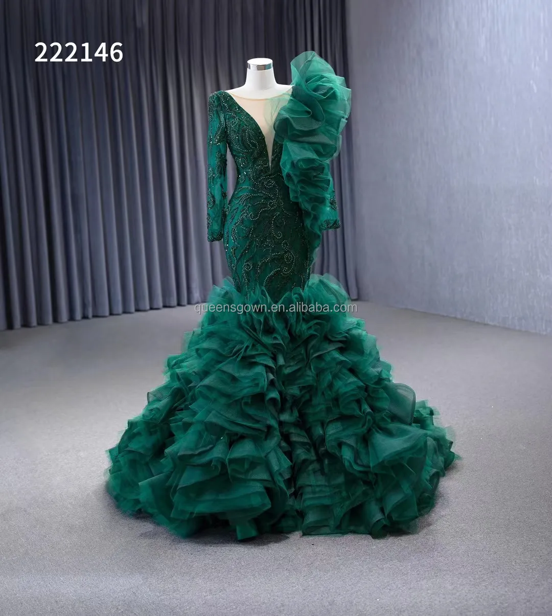 Queensgown màu xanh lá cây ruffles ưa thích đính cườm ren-up buổi tối Gown deep-v cổ 3D hoa Nàng Tiên Cá Ăn mặc