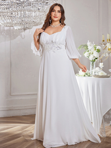 Đèn lồng tay áo sequin thêu trang trí Xếp Li Voan Váy cưới đầy đủ tay áo người yêu đường viền cổ áo thanh lịch Cô Dâu Váy - Product Image 2