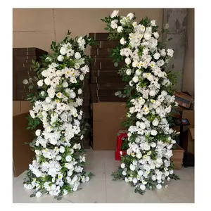 Popular Event Decor Customized Artificial Silk White Rose Flower Row Decorative Green Plant Horn Shape Flower Arch for Wedding
