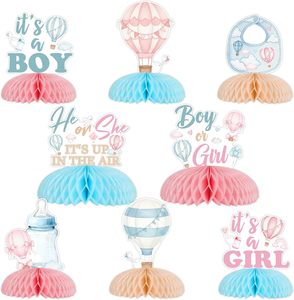 Decorazioni per Festa di Rivelazione del Sesso con Mongolfiere, 8 Pezzi di Centrotavola a Nido d'Ape 'Lui o Lei' in Rosa e Blu - Product Image 1