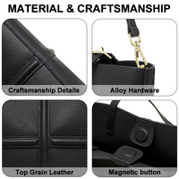 Sac seau noir en cuir de vachette pleine fleur pour femme avec pochette zippée amovible et bandoulière réglable pour le travail