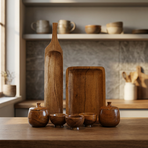 Juego de bandejas de madera con tazones y tarros con tapa, diseño minimalista, accesorios decorativos de madera hechos a mano para servir. - Product Image 2