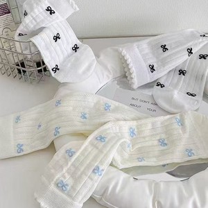 Mid-Calf <b>Socks</b> With Bow Pattern White Milky White Blue Gray <b>Breathable</b> Sweat-Absorbing For Women Youth 18-40 Years Old - Product Image 1