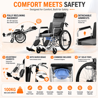 Fauteuil roulant pliable inclinable avec coussin moelleux, acier au carbone, pneus pleins de 24 pouces, accoudoirs amovibles, repose-jambes réglables, frein à main et récipient de toilette