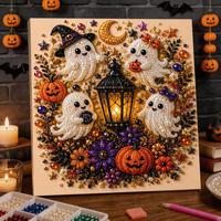 Kit de peinture par points de perles DIY fait main, thème Halloween, 20 cm, en bois avec cadre intérieur, pour décoration créative, pour enfants et adultes