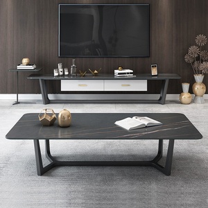 Tavolino <span class=keywords><strong>da</strong></span> <span class=keywords><strong>Salotto</strong></span> Moderno e Lussuoso, Quadrato e Basso, in Acciaio Inossidabile Nero e Oro con Pietra Pictografica, per Uso Domestico - Product Image 2