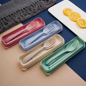 Ensemble de couverts réutilisables en paille de blé, cuillère, fourchette et baguettes portables pour étudiants, voyages en plein air, respectueux de l'environnement - Product Image 1