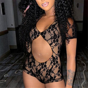 <span class=keywords><strong>Tuta</strong></span> Aderente Sexy in <span class=keywords><strong>Pizzo</strong></span> Trasparente da Donna con Maniche Corte e Dettagli Traforati - Product Image 3