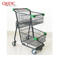 Chariot de courses pliable moderne à double plateau, 2 paniers, 80L, en acier zingué durable, avec roulettes de 5 pouces, antirouille - Grande Vente