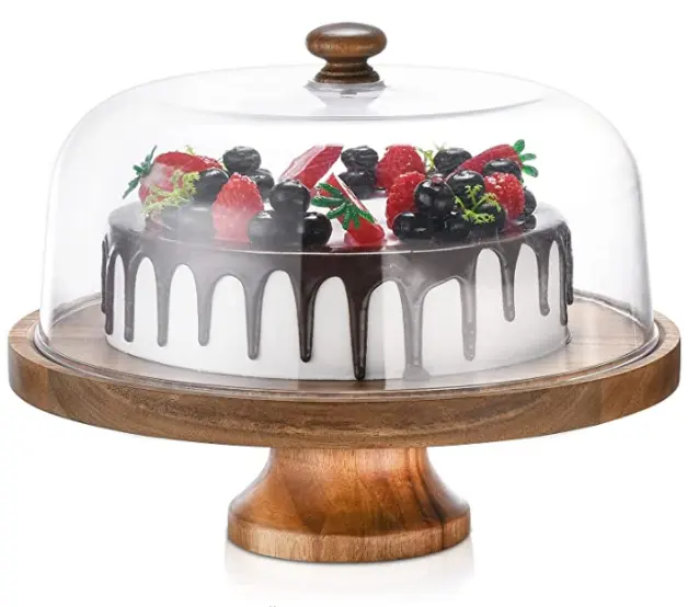 थोक केक स्टैंड लकड़ी केक प्लेट सेवारत ट्रे गुंबद बबूल की लकड़ी और एक्रिलिक ढक्कन मिठाई सर्वर ट्रे के साथ कवर के लिए शादी