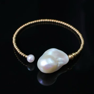 14K Gold Filled <b>Beaded</b> Open Cuff <b>Bracelet</b> Handcrafted High Luster Natural Baroque Freshwater Pearl Asymmetrical Bangle for Women - Product Image 3